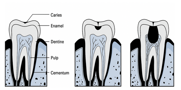 Process of caries invading a molar tooth (cross section) The process of decay